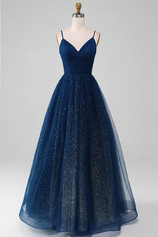 Prom dresses with gathered skirts and crystal - encrusted belts for a luxurious promNavy Ball-Gown V-Neck Long Beaded Tulle Prom Dresses With Pleated