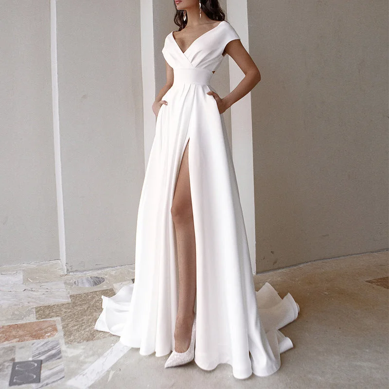 Prom dresses with lace - trimmed sleeves and empire - style waists for a flattering and vintage - inspired formal affairNew Arrival 2022 Women White Sexy V-neck Evening Dresses Womens Tailed Party Dress Long Maxi Evening Dress