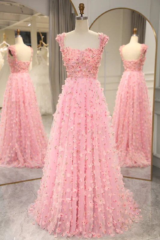 Prom dresses with tiered ruffled sleeves and satin skirts for a feminine and voluminous lookPink A-line Off The Shoulder Long Prom Dress with 3D Flowers