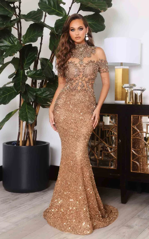 Prom dresses with tiered ruffled sleeves and satin skirts for a feminine and voluminous lookPortia and Scarlett PS22418C Dress