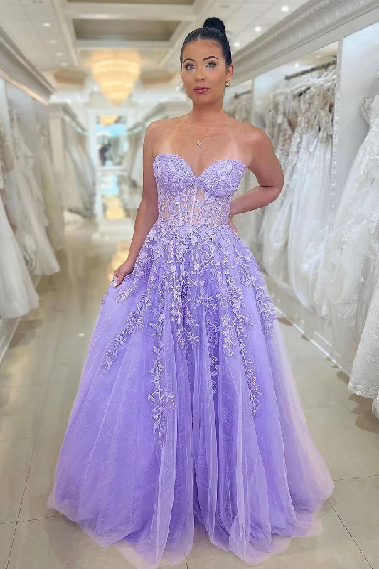 Short - length party dresses with a ruffled skirt for a flirty look​Purple A Line Long Corset Prom Dress With Appliques
