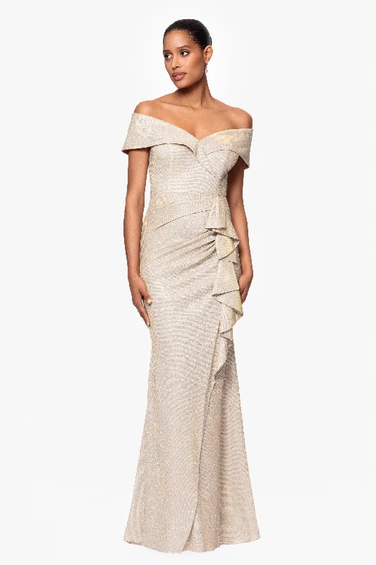 Prom dresses with cold - shoulder ruffled sleeves and floral prints for a romantic and fashionable style"Raveena" Long Foil Knit Off the Shoulder Floor Length Ruffle Dress Prom dresses with cold - shoulder ruffled sleeves and floral prints for a romantic and fashionable style"Raveena" Long Foil Knit Off the Shoulder Floor Length Ruffle Dress