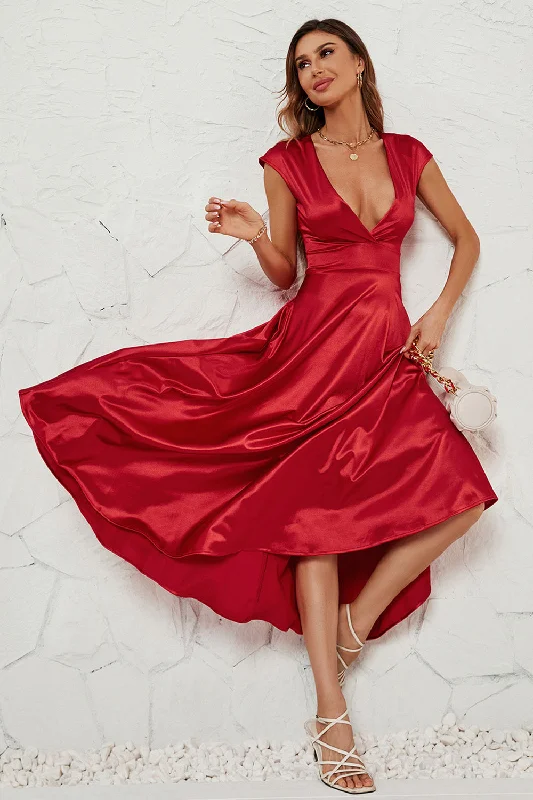 80s - inspired party dresses with bold colors and big shoulders​Red Deep V-neck Cap Sleeves Party Dress