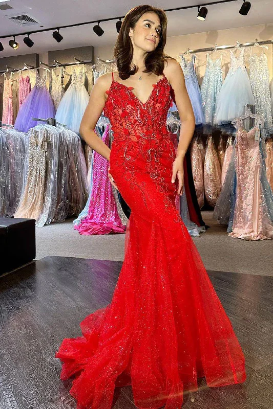 Party dresses with a lace overlay for a feminine touch​Red Mermaid Long Corset Prom Dress With Appliques