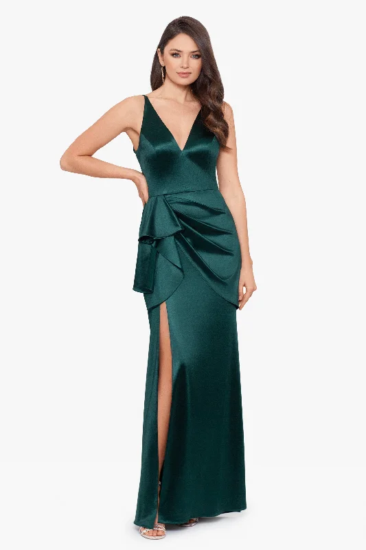 Long - sleeved formal dresses in velvet for a winter formal event"Robin" Long Satin V-Neck Ruffle Dress Long - sleeved formal dresses in velvet for a winter formal event"Robin" Long Satin V-Neck Ruffle Dress