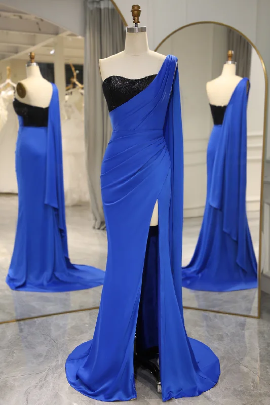 Prom dresses with cold - shoulder ruffled sleeves and floral prints for a romantic and fashionable styleRoyal Blue Mermaid One Shoulder Long Prom Dress With Slit