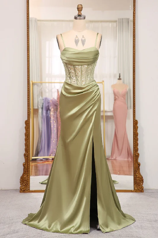Mermaid - cut formal dresses in satin for a glamorous prom nightSage Mermaid Sequined Long Corset Prom Dress With Slit