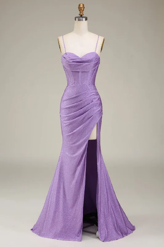 Formal dresses with pleated yokes and button - up fronts for a classic and refined lookSatin Spaghetti Straps Lilac Purple Prom Dress with Corset