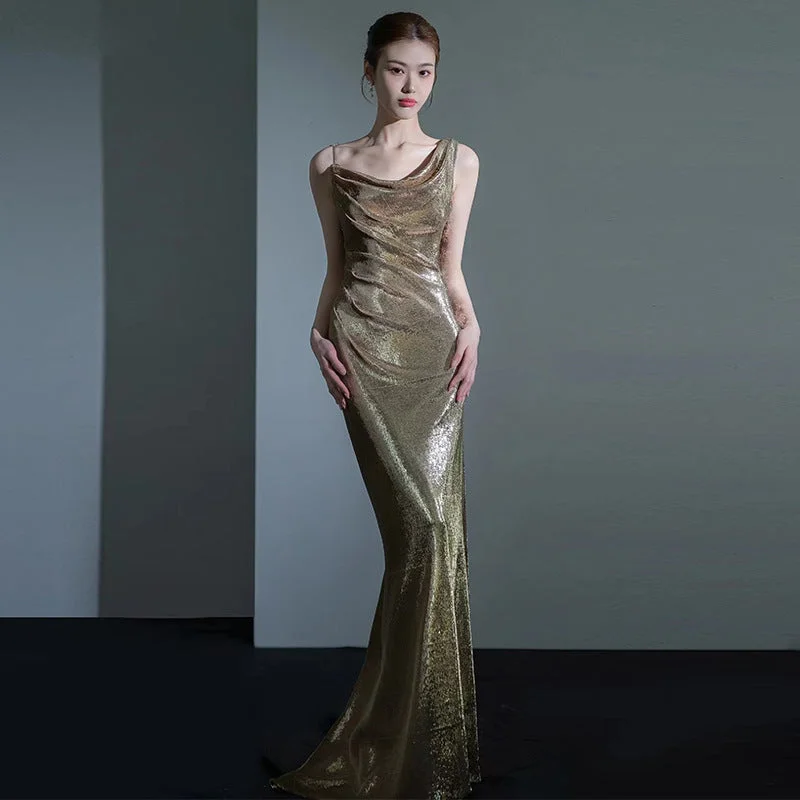 Tea - length formal dresses with lace trim for a semi - formal promGold Sequins Evening Dress Tea - length formal dresses with lace trim for a semi - formal promGold Sequins Evening Dress