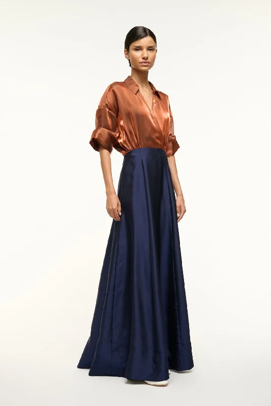 Formal dresses with gathered bodices and wide - leg skirts for a comfortable and stylish silhouetteSHUBERT DRESS | IRIDESCENT CACAO MIDNIGHT