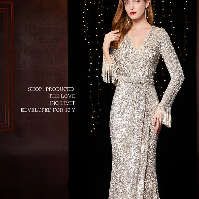 Formal dresses with fringe - trimmed sleeves and wrap - around styles for a bohemian - inspired formal eventSilver White Long Evening Dress Formal dresses with fringe - trimmed sleeves and wrap - around styles for a bohemian - inspired formal eventSilver White Long Evening Dress