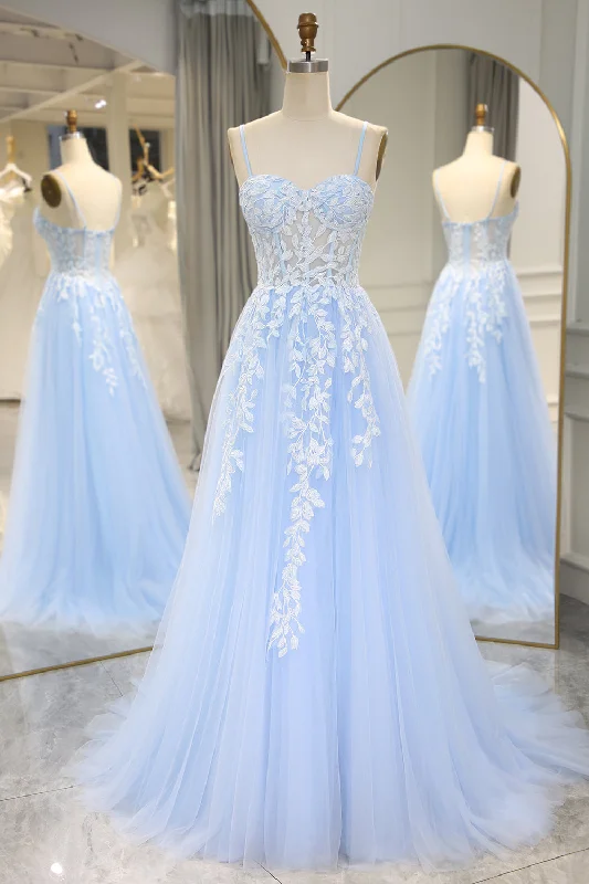 Formal dresses with pleated yokes and button - up fronts for a classic and refined lookSky Blue Long Corset Appliqued Prom Dress With Slit