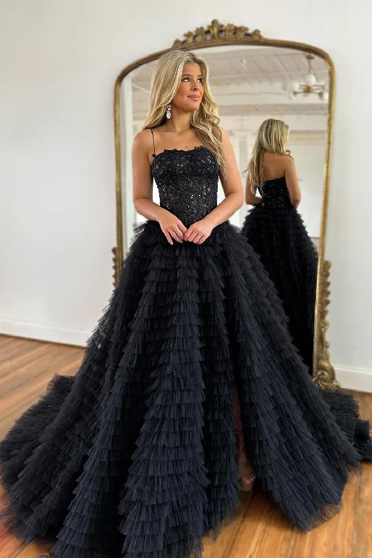 Prom dresses with metallic - colored fabrics and beaded embroidery for a glamorous promSparkly Black Corset Spaghetti Straps Tulle A-Line Long Prom Dress with Slit