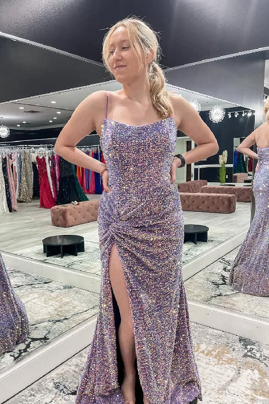 Party dresses with a peplum waist for a feminine and flattering silhouette​Sparkly Light Purple Mermaid Long Pleated Prom Dress With Slit