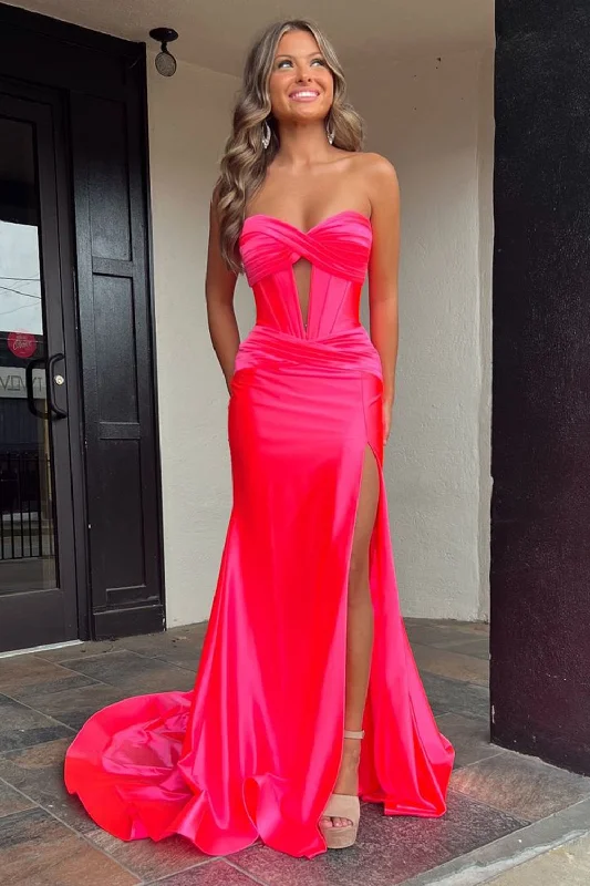 Formal dresses with side - slit pockets and beaded accents for a practical and stylish formal eventSparkly Mermaid Hot Pink Corset Prom Dress with Slit