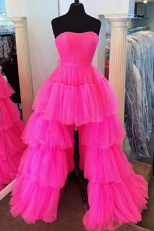 Tulle party dresses with a fairy - tale charm for formal occasions​Stylish High Low Strapless Fuchsia Prom Dress with Ruffles
