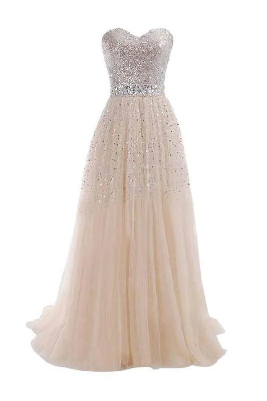 Ball gown party dresses with a full skirt for a princess - like look​Sweetheart Tulle Long Prom Dress With Beading Sequins PG 210