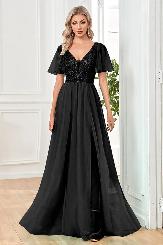 Party dresses with a paisley pattern for a bohemian - inspired look​Tulle A-Line Sequins Black Formal Dress with Slit