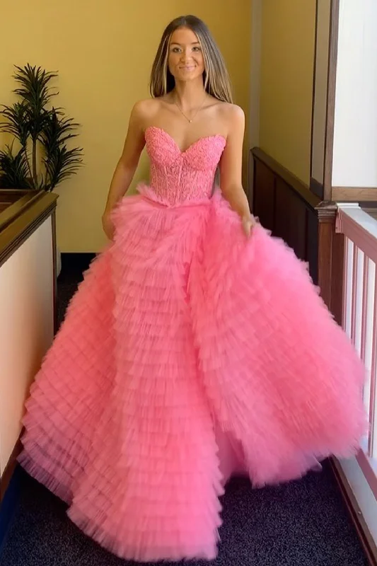 Prom dresses with gathered skirts and crystal - encrusted belts for a luxurious promTulle Strapless Coral Corset Prom Dress
