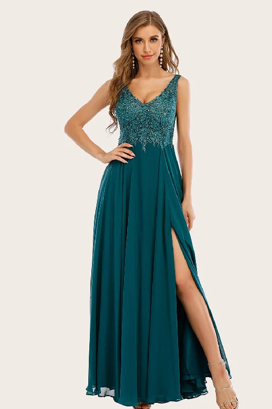 Strapless party dresses with a beaded bodice for added elegance​Turquoise Chiffon Long Prom Dress with Beading