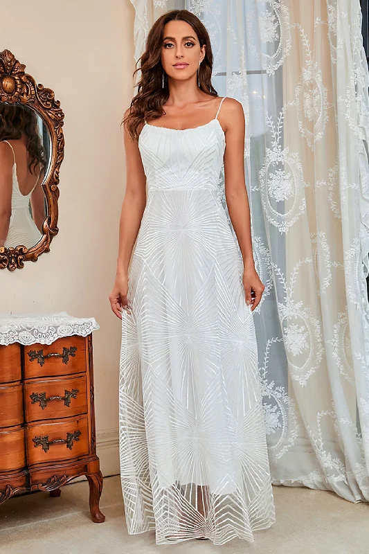 Party dresses with a metallic finish for a shiny and eye - catching effect​White Spaghetti Straps A Line Prom Dress