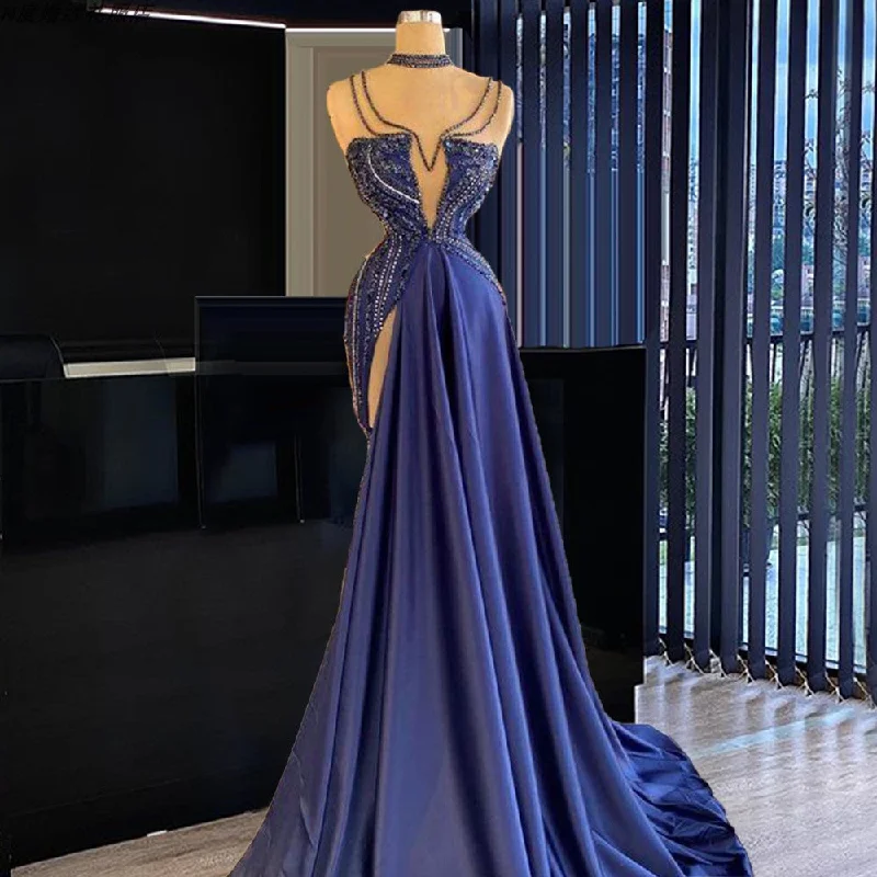 Formal dresses with abstract print panels and rhinestone embellishments for a unique formal eventWomens Blue Banquet Stage Wear Runway Strapless Robe Soiree Innova Quinceanera Dresses Ball Dresses Prom Maxi Dress