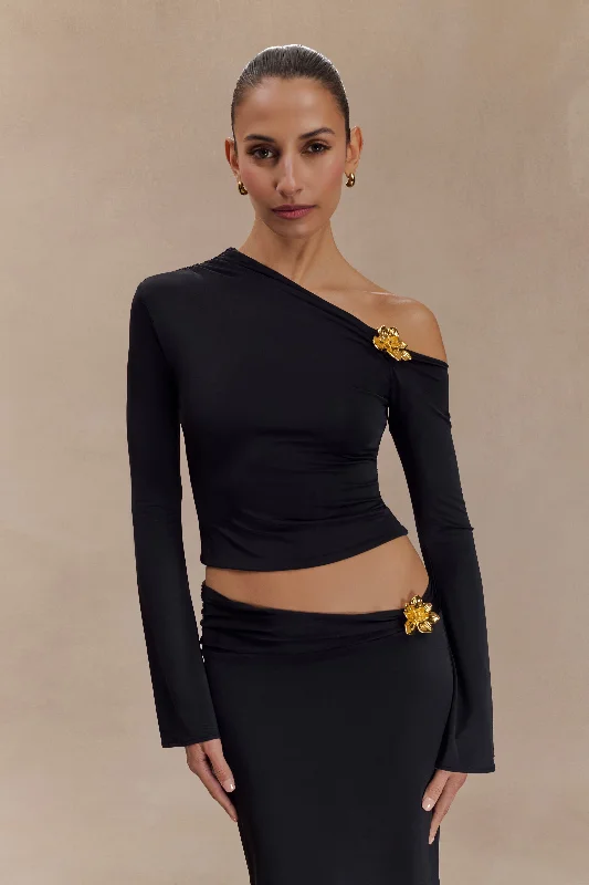 Metallic Accent Women Long Sleeve Top for a Glamorous LookAinsley Asymmetrical Long Sleeve Top With Floral Hardware - Black