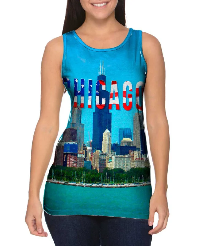 Plus Size Women's Ruffled Hem Tank Tops with Floral PrintsChicago Pride Willis Tower And Marina Plus Size Women's Ruffled Hem Tank Tops with Floral PrintsChicago Pride Willis Tower And Marina