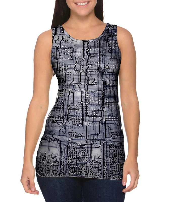 Scoop Neck Women's Linen Blend Tank Tops for SummerCircuit Board Black And White