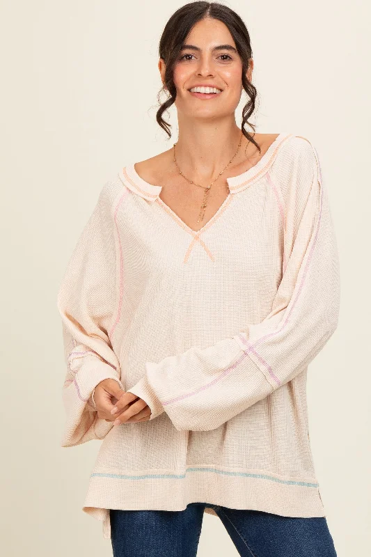Ruffled Cuff Women Long Sleeve Top with a Feminine TouchCream Split Neck Oversized Long Sleeve Top Ruffled Cuff Women Long Sleeve Top with a Feminine TouchCream Split Neck Oversized Long Sleeve Top