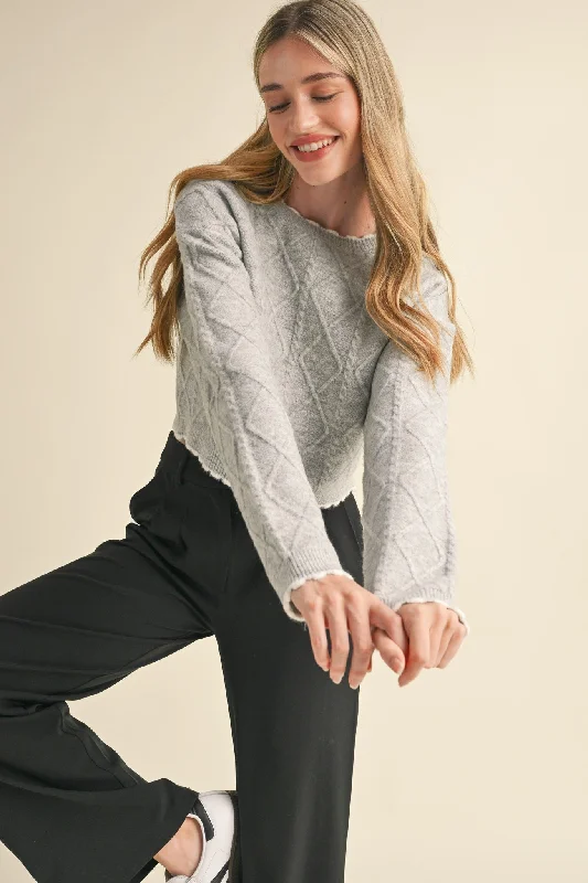Plus Size Women's Off - Shoulder Ruffled Hem Sweater in Pink for a Feminine and Flirty LookGrey Cable Knit Cropped Sweater Plus Size Women's Off - Shoulder Ruffled Hem Sweater in Pink for a Feminine and Flirty LookGrey Cable Knit Cropped Sweater