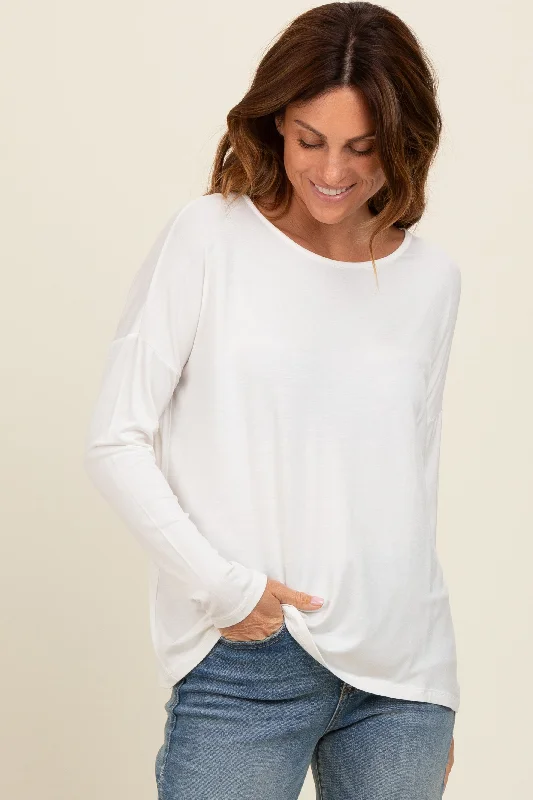 Plaid Women Long Sleeve Top for a Preppy VibeIvory Drop Shoulder Long Sleeve Top