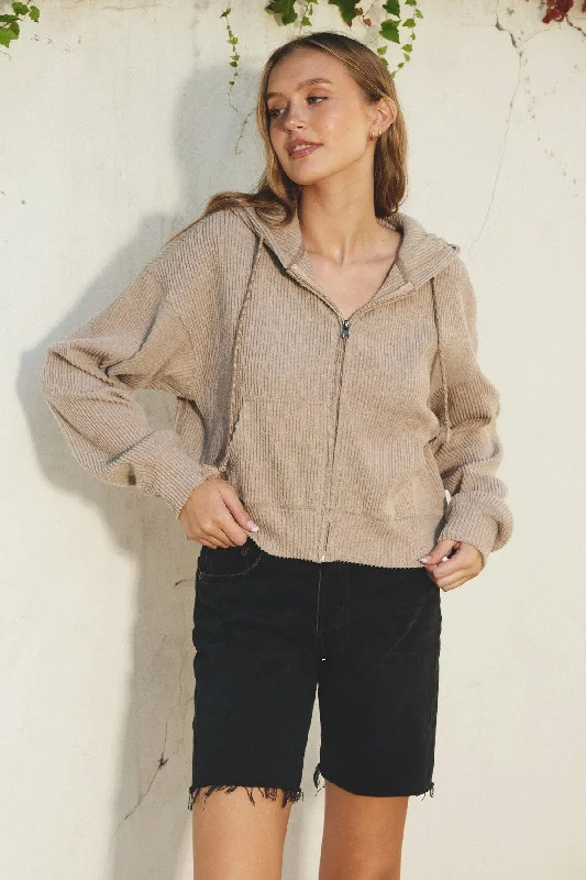 Women's quarter - zip sweatshirt made of organic cotton for eco - conscious fashionOatmeal Ribbed Knit Full-Zip Hoodie Women's quarter - zip sweatshirt made of organic cotton for eco - conscious fashionOatmeal Ribbed Knit Full-Zip Hoodie