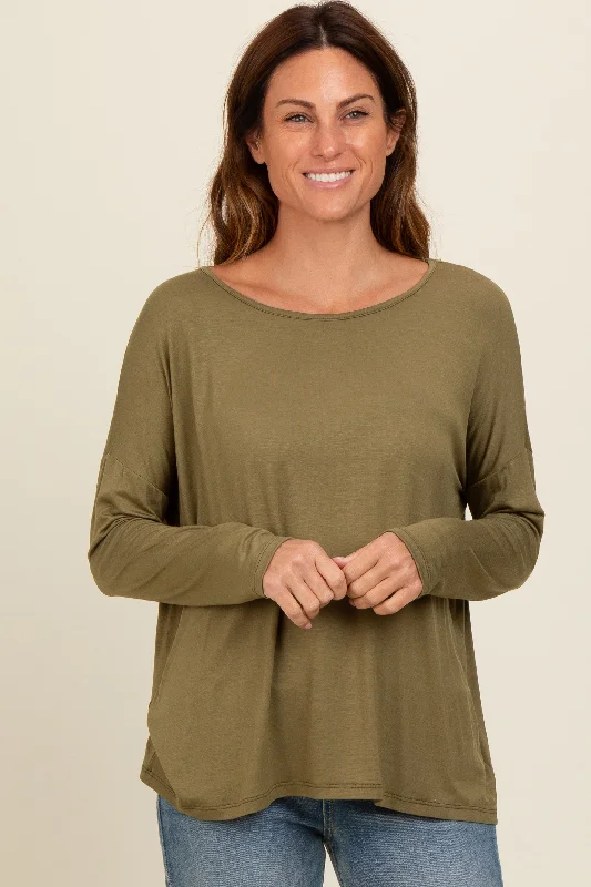 Ruffled Cuff Women Long Sleeve Top with a Feminine TouchOlive Drop Shoulder Long Sleeve Top Ruffled Cuff Women Long Sleeve Top with a Feminine TouchOlive Drop Shoulder Long Sleeve Top