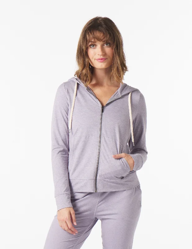 Women's tie - front hoodie in a lightweight fabric for summer layeringOn The Go Lightweight Zip Up Hoodie: Dusty Lavender Marble Women's tie - front hoodie in a lightweight fabric for summer layeringOn The Go Lightweight Zip Up Hoodie: Dusty Lavender Marble