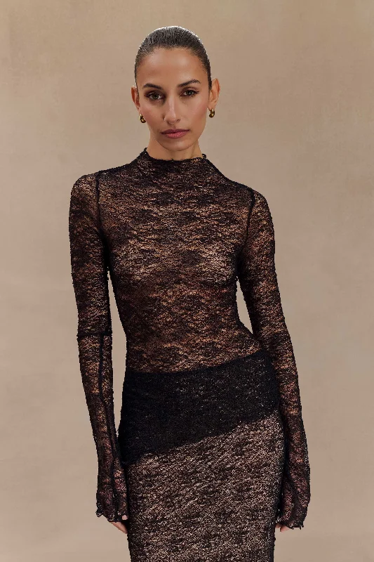 Turtleneck Women Long Sleeve Top for Cold Winter DaysRiley Sheer Lace Long Sleeve Top - Black Turtleneck Women Long Sleeve Top for Cold Winter DaysRiley Sheer Lace Long Sleeve Top - Black