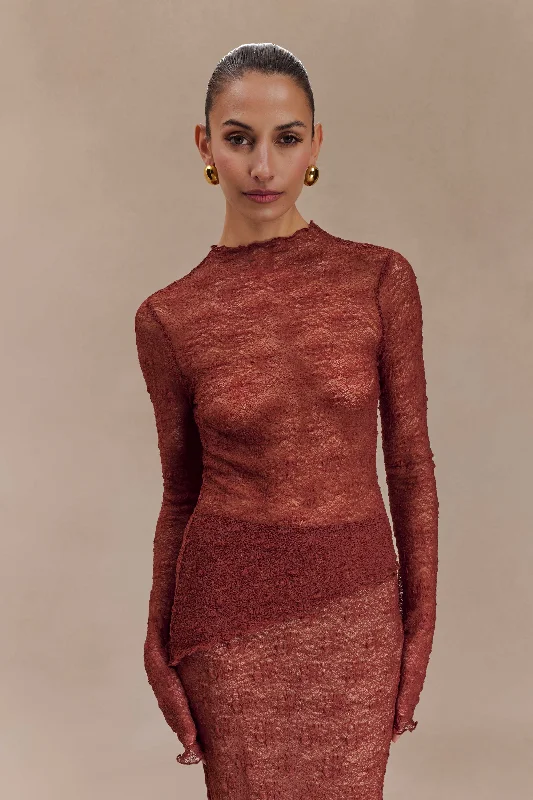 Thermal Women Long Sleeve Top for Extra Warmth in WinterRiley Sheer Lace Long Sleeve Top - Chilli Thermal Women Long Sleeve Top for Extra Warmth in WinterRiley Sheer Lace Long Sleeve Top - Chilli