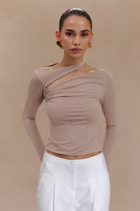 Striped Women Long Sleeve Top in a Timeless PatternSasha Modal Long Sleeve Top With Cut Out - Mushroom Striped Women Long Sleeve Top in a Timeless PatternSasha Modal Long Sleeve Top With Cut Out - Mushroom