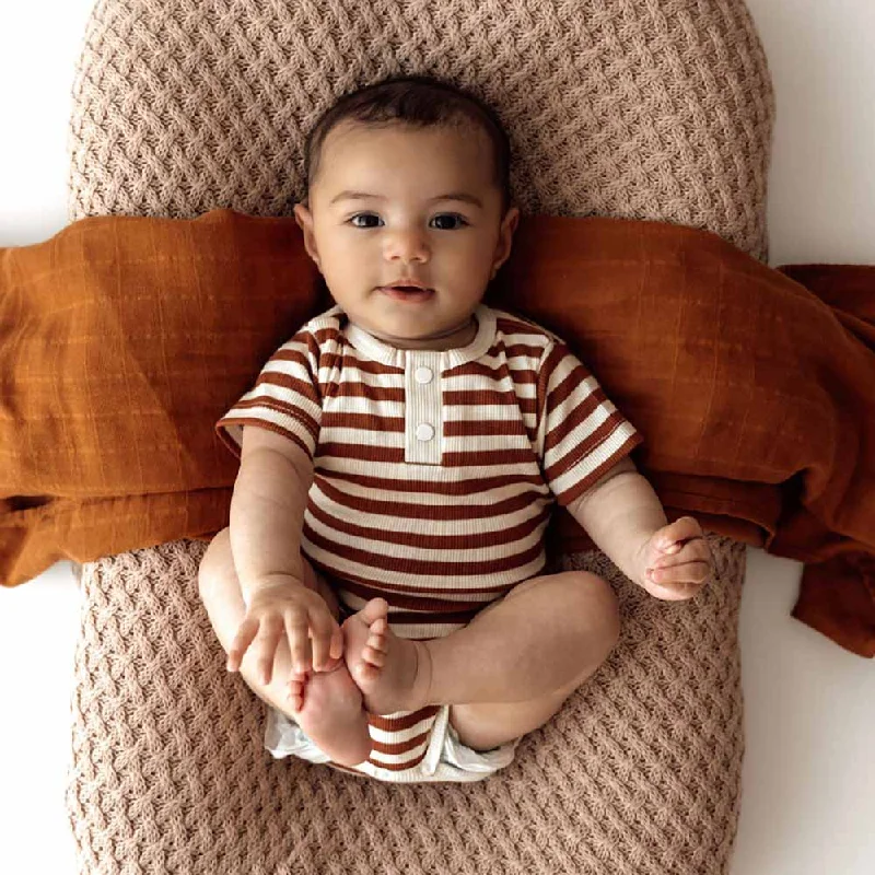 Ruffled Bodysuits with a Playful and Feminine TouchBiscuit Stripe Short Sleeve Organic Bodysuit