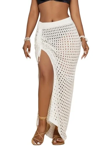See - through cover ups for a sexy and alluring beach outfitCrochet Drawstring White Swimsuit Wrap Cover Up