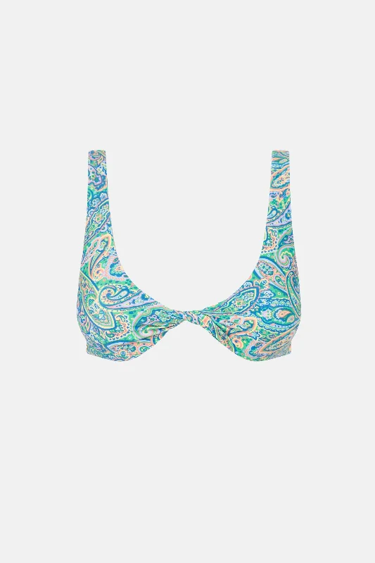 Women's Cut - Out Swim Tops in White with Geometric Shapes for an Edgy Beach StyleCabo Paisley Twist Front Top Green Women's Cut - Out Swim Tops in White with Geometric Shapes for an Edgy Beach StyleCabo Paisley Twist Front Top Green
