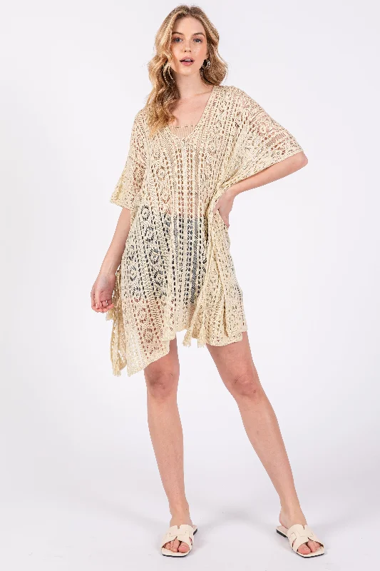 Thermal - lined cover ups for cooler beach eveningsCream Crochet Knit Swim Cover Up
