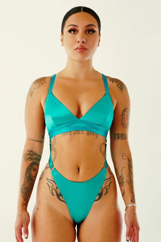 Long - Sleeve Bodysuits for Cold Weather LayeringCXIX Aphrodite Bodysuit - Turquoise Satin