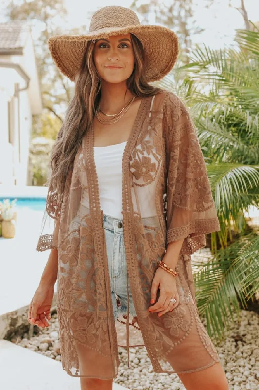 Knee - length cover ups for a versatile and practical beachwear optionEmbroidery Long Sleeve Lace Kimono Duster