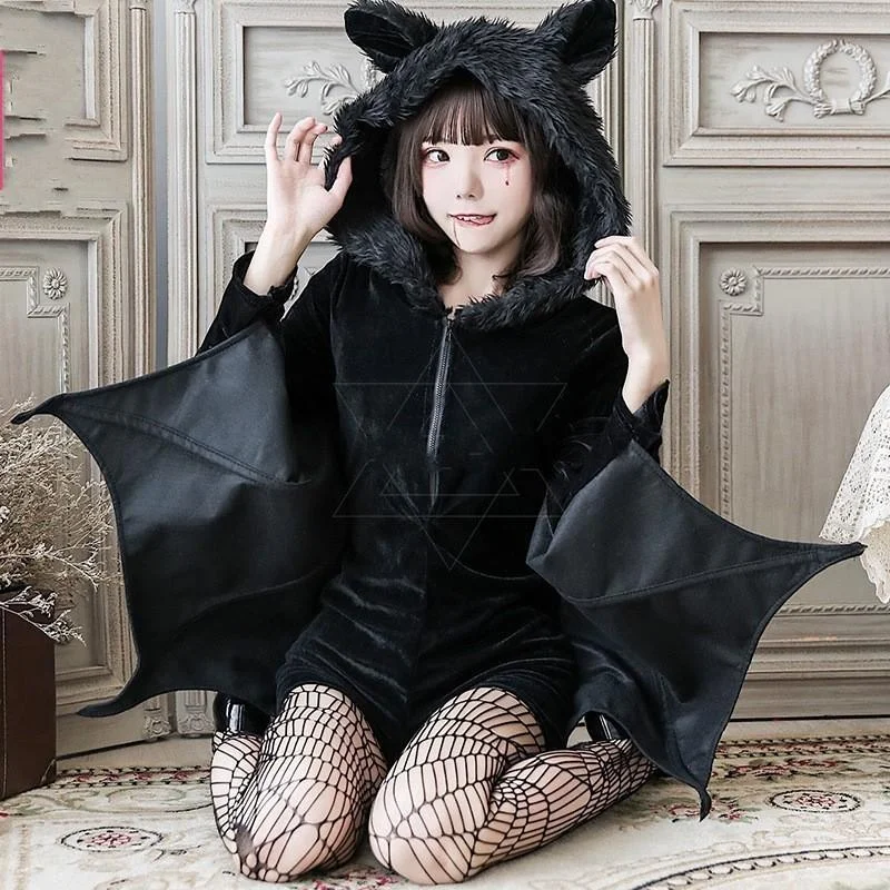 Convertible Straps Bodysuits for Multiple Styling OptionsFuzzy Black Bat Costume Set