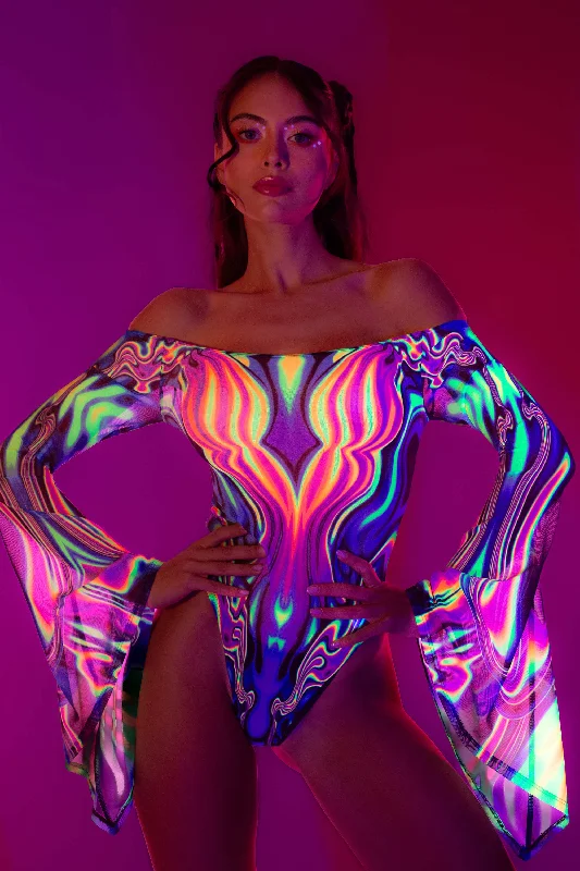 Mesh Bodysuits for a Bold and Edgy Fashion StatementHalcyon Bell Sleeve Mesh Bodysuit