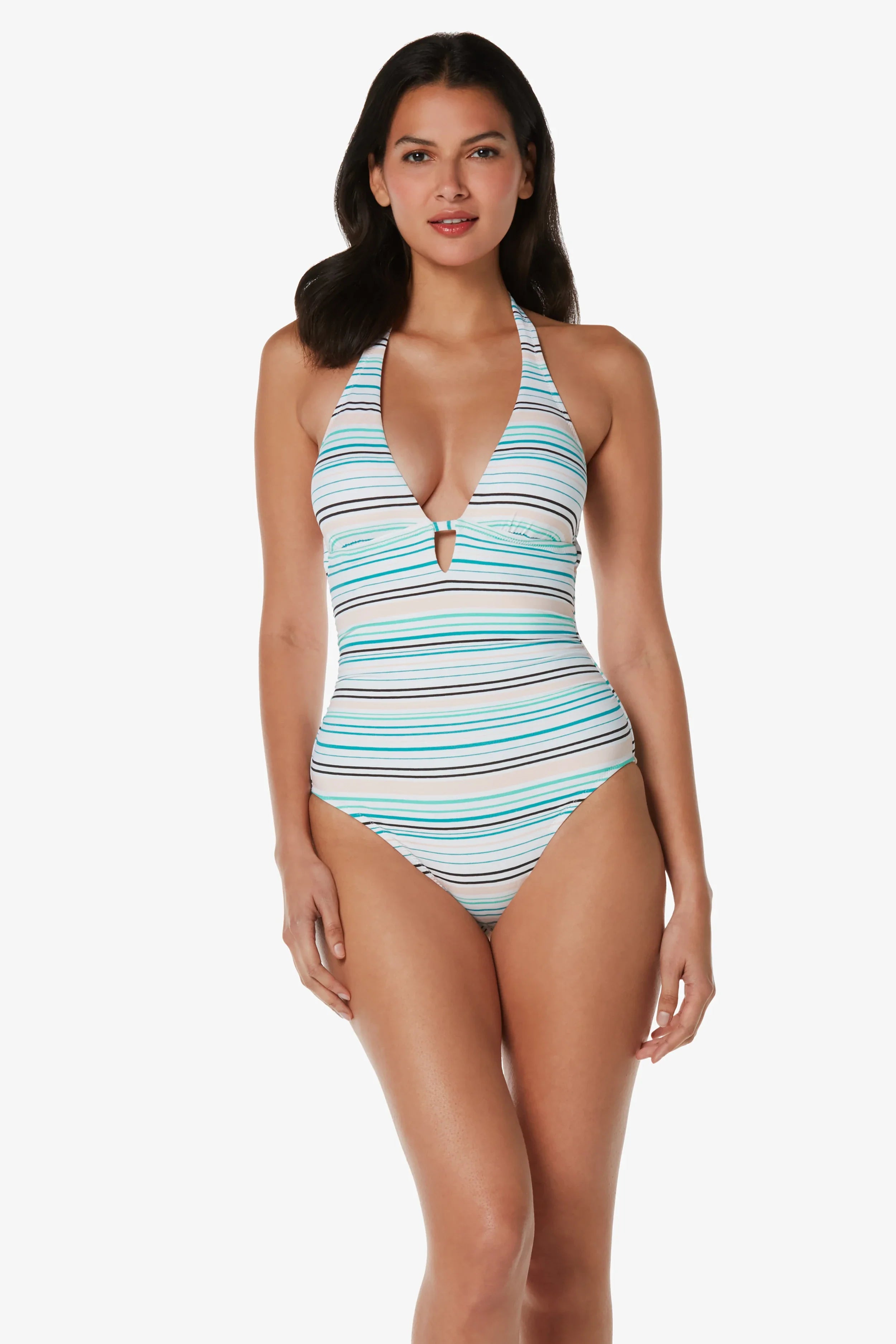 Plus Size Women's Striped One - Pieces in Navy and White for a Nautical - Inspired EnsembleKara Key Hole One-Piece | Textured Coastal Stripe Plus Size Women's Striped One - Pieces in Navy and White for a Nautical - Inspired EnsembleKara Key Hole One-Piece | Textured Coastal Stripe