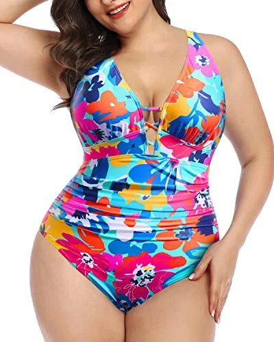 Women's Long - Length One - Pieces in Gray with Asymmetric Hem for a Contemporary and Fashionable LookLace-Up Plunge V Neck Plus Size Women's One Piece Swimwear
