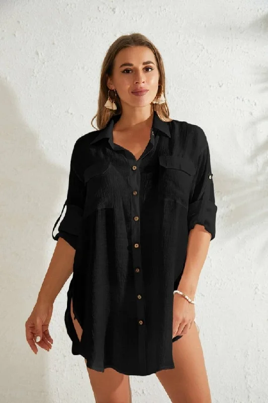 Anti - bacterial cover ups for a hygienic beachwear optionButton-Down Swimsuit Cover Up Shirt Dress