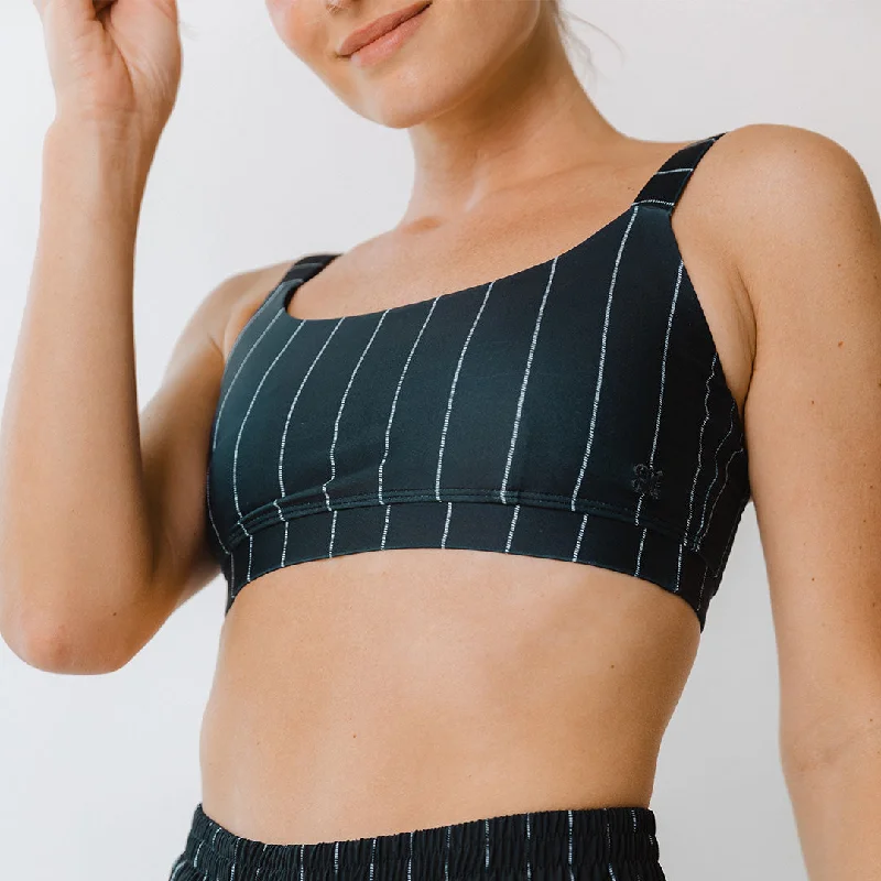 Women's Halter Neck Swim Tops with Tie - Back in Neon Colors for a Bold Summer VibeMomentum Bra, Navy Pinstripe Women's Halter Neck Swim Tops with Tie - Back in Neon Colors for a Bold Summer VibeMomentum Bra, Navy Pinstripe